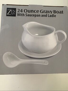 White Porcelain Gravy Boat with Saucer and Ladle